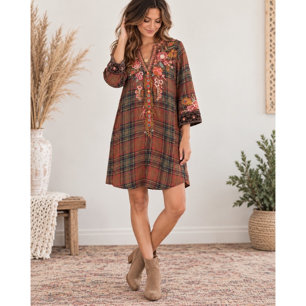 Johnny Was Workshop Ananke Velvet Mix Swing Tunic Plaid Embroidered XS W28420-O